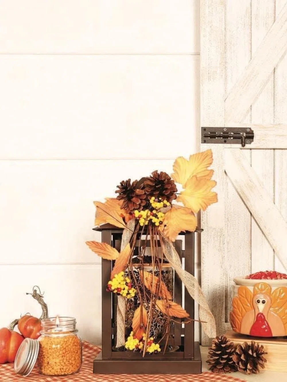 Autumn Harvest Decorative Lantern with Fall Floral Accent - Brown